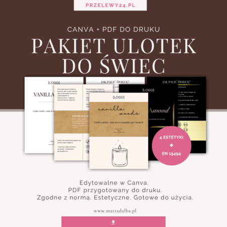 pakiet ulotek do świec – 4 estetyki | en 15494 | canva + pdf do druku