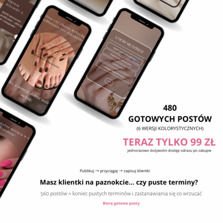 Mega pakiet Instagram dla salonu paznokci – 6 kolorów (480 szablonów Canva + BONUS)
