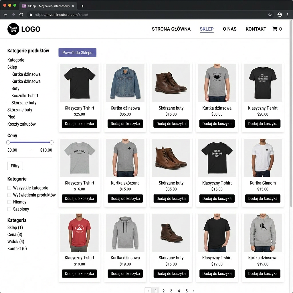 Online shop page displaying multiple clothing and boot products with prices and add to cart buttons, alongside filtering options and a Return to Shop button